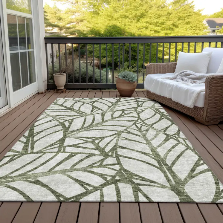 9' X 12' Olive Green And Beige Floral Washable Indoor Outdoor Area Rug