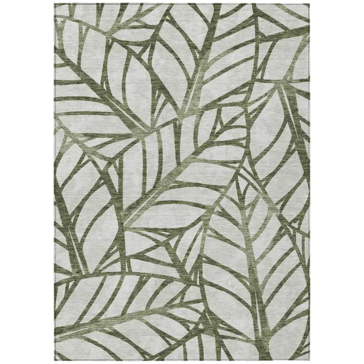 9' X 12' Olive Green And Beige Floral Washable Indoor Outdoor Area Rug