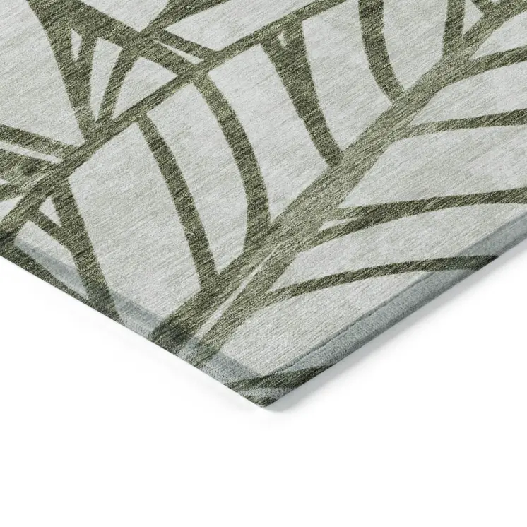 9' X 12' Olive Green And Beige Floral Washable Indoor Outdoor Area Rug