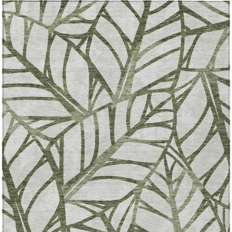 9' X 12' Olive Green And Beige Floral Washable Indoor Outdoor Area Rug
