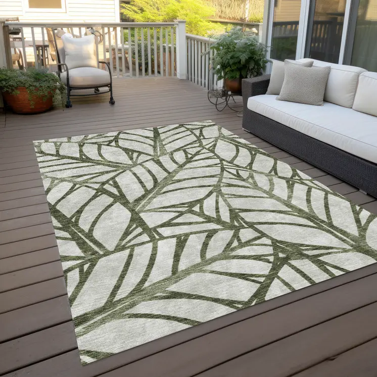 9' X 12' Olive Green And Beige Floral Washable Indoor Outdoor Area Rug