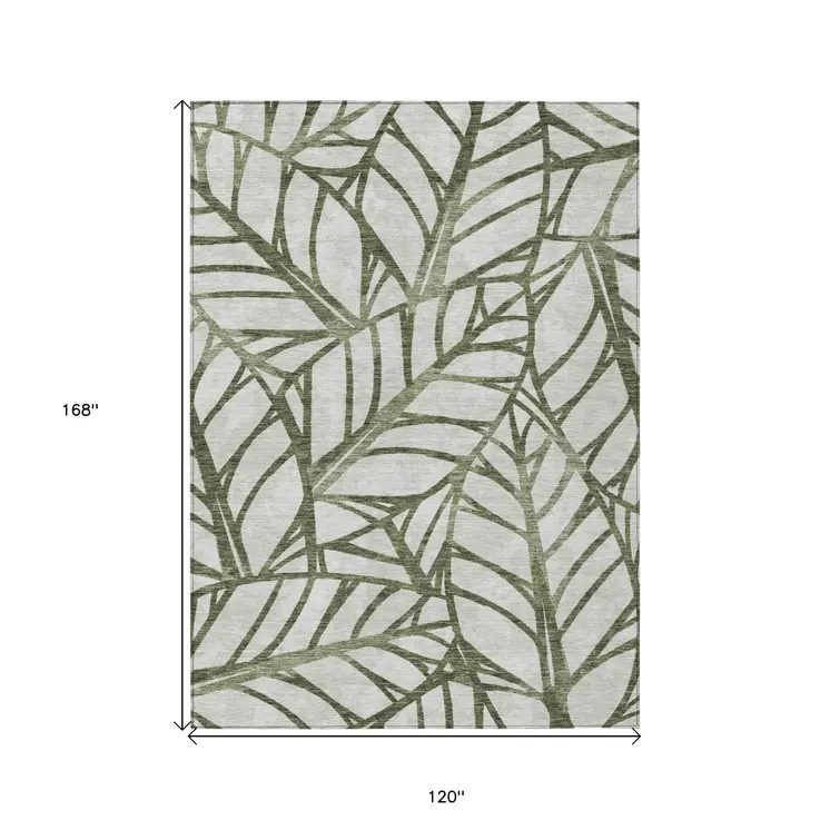10' X 14' Olive Green And Beige Floral Washable Indoor Outdoor Area Rug