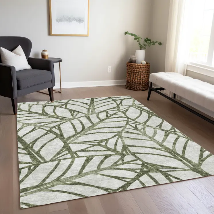 10' X 14' Olive Green And Beige Floral Washable Indoor Outdoor Area Rug