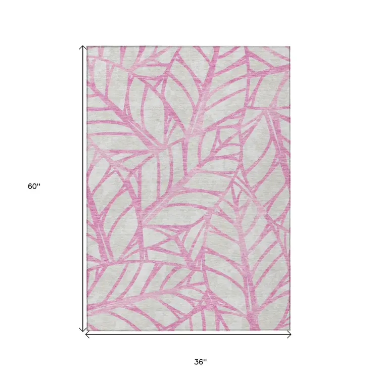 3' X 5' Pink And Beige Floral Washable Indoor Outdoor Area Rug