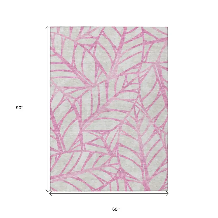 5' X 8' Pink And Beige Floral Washable Indoor Outdoor Area Rug