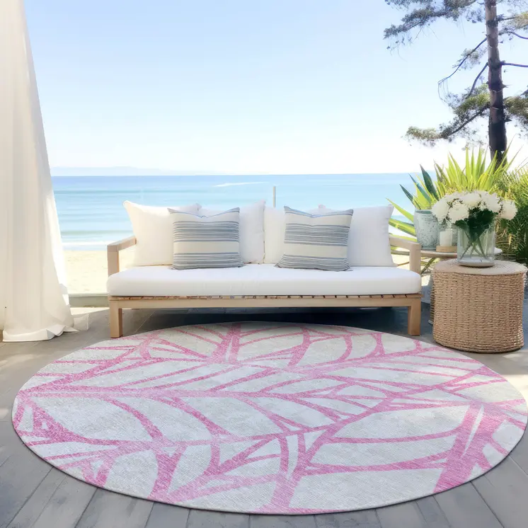 8' Pink And Beige Round Floral Washable Indoor Outdoor Area Rug
