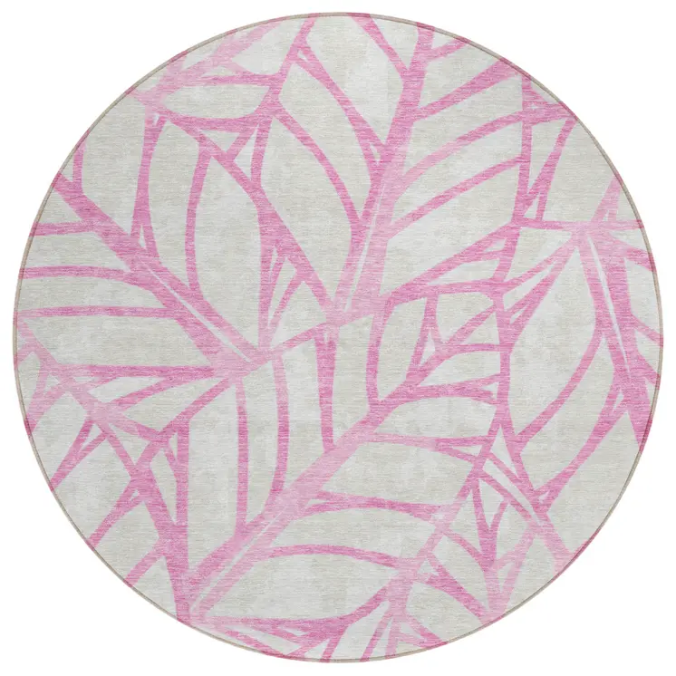 8' Pink And Beige Round Floral Washable Indoor Outdoor Area Rug