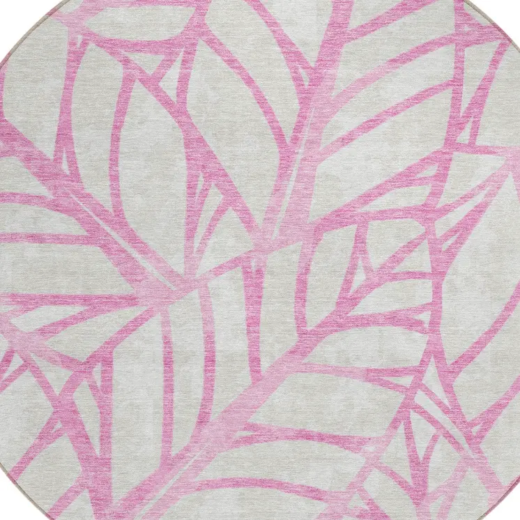 8' Pink And Beige Round Floral Washable Indoor Outdoor Area Rug