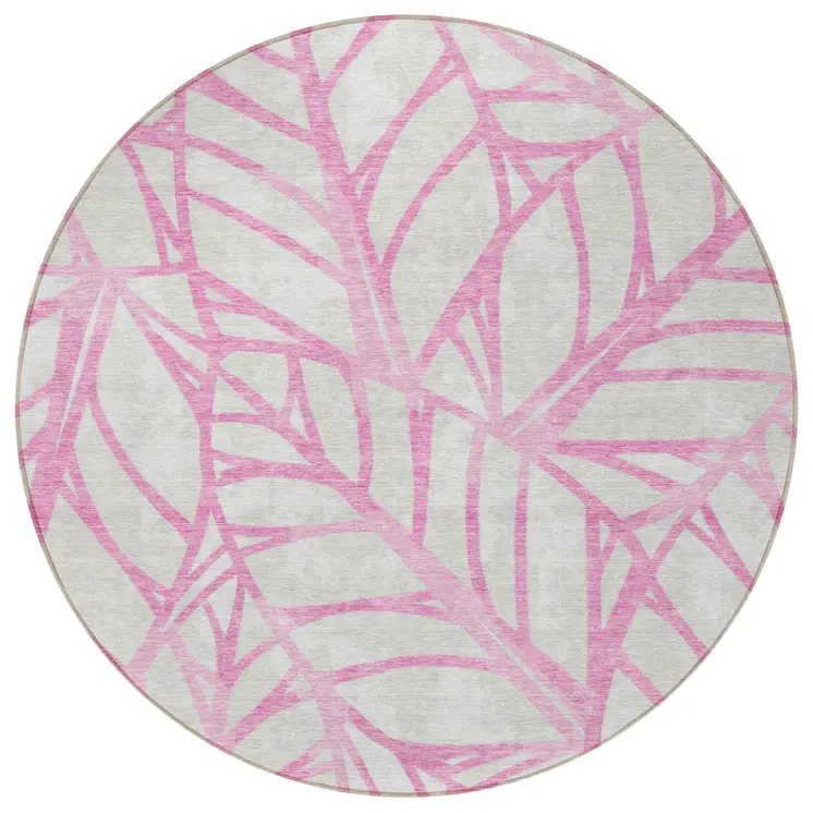 8' Pink And Beige Round Floral Washable Indoor Outdoor Area Rug