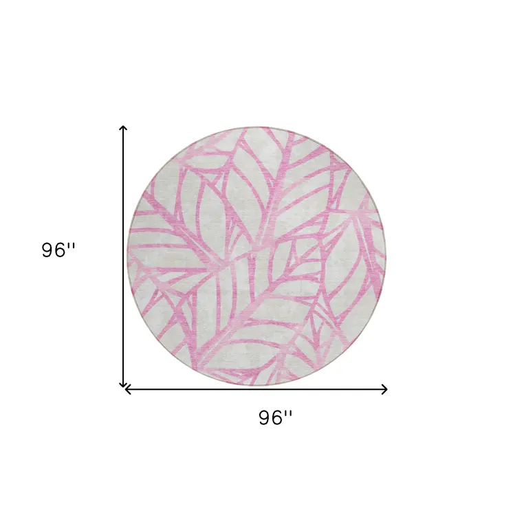 8' Pink And Beige Round Floral Washable Indoor Outdoor Area Rug