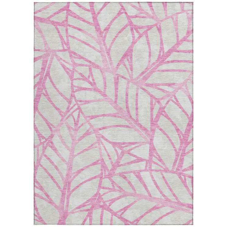 9' X 12' Pink And Beige Floral Washable Indoor Outdoor Area Rug