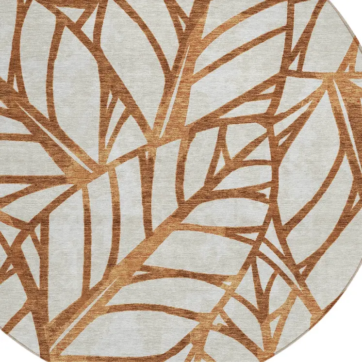 8' Orange Beige And Copper Round Floral Washable Indoor Outdoor Area Rug