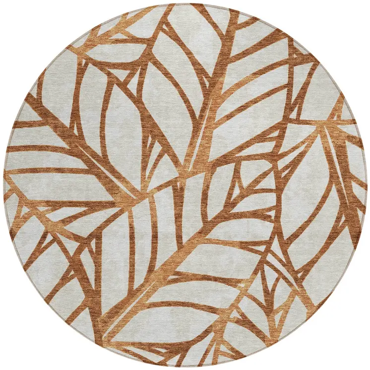 8' Orange Beige And Copper Round Floral Washable Indoor Outdoor Area Rug