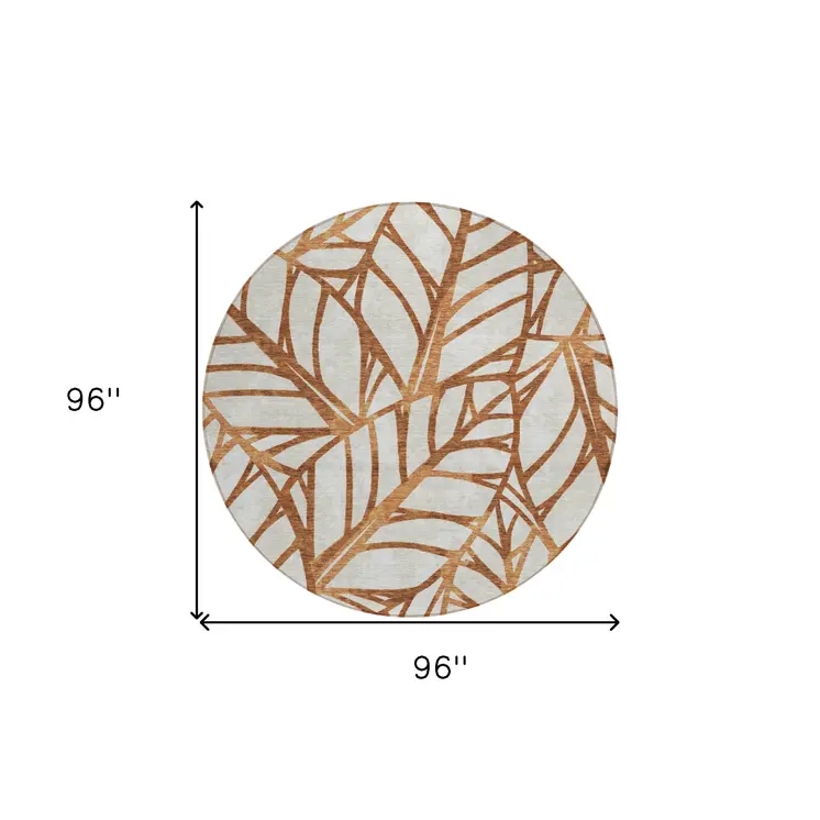 8' Orange Beige And Copper Round Floral Washable Indoor Outdoor Area Rug