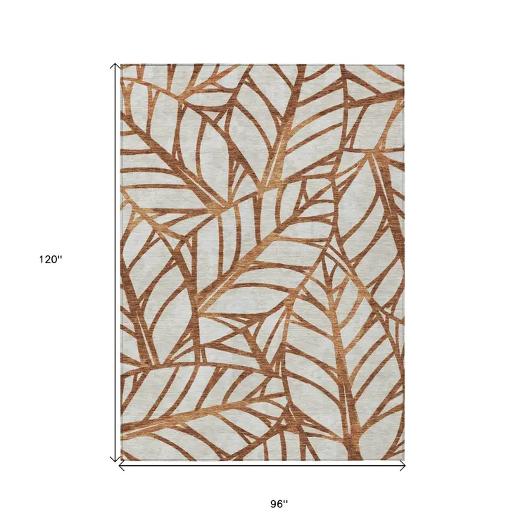 8' X 10' Orange Beige And Copper Floral Washable Indoor Outdoor Area Rug
