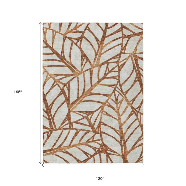 10' X 14' Orange Beige And Copper Floral Washable Indoor Outdoor Area Rug