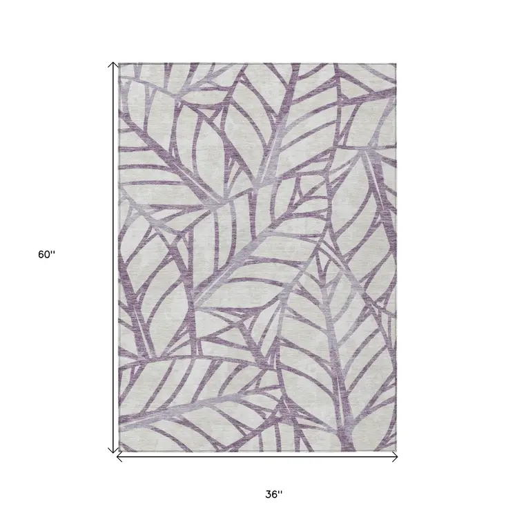 3' X 5' Purple Lavender And Beige Floral Washable Indoor Outdoor Area Rug