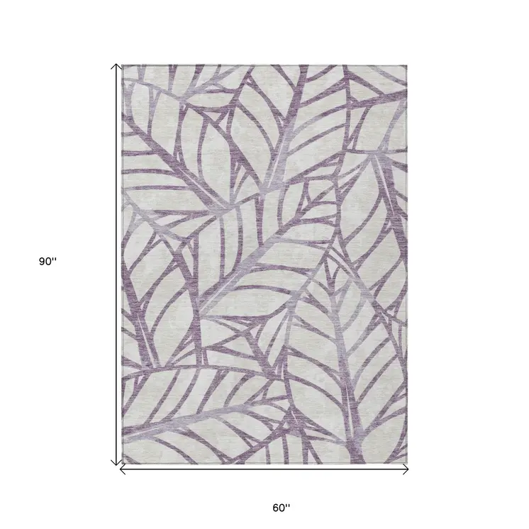 5' X 8' Purple Lavender And Beige Floral Washable Indoor Outdoor Area Rug