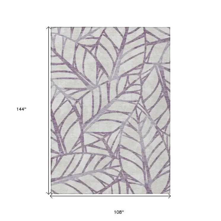 9' X 12' Purple Lavender And Beige Floral Washable Indoor Outdoor Area Rug