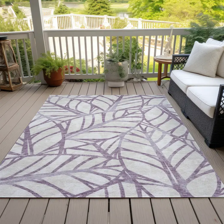 9' X 12' Purple Lavender And Beige Floral Washable Indoor Outdoor Area Rug