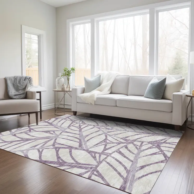 9' X 12' Purple Lavender And Beige Floral Washable Indoor Outdoor Area Rug