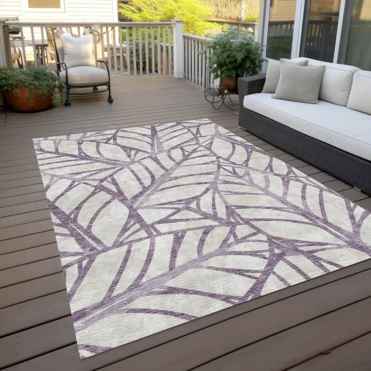 9' X 12' Purple Lavender And Beige Floral Washable Indoor Outdoor Area Rug