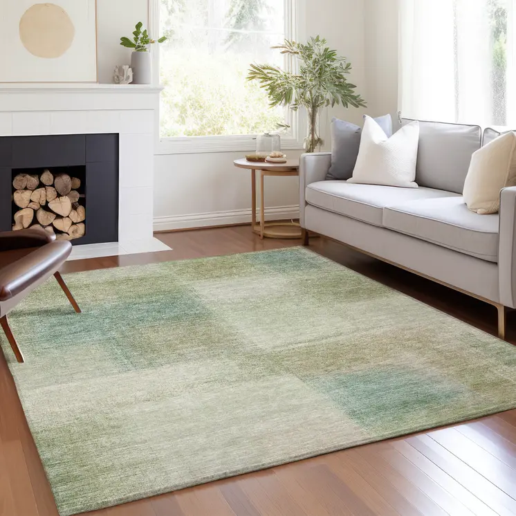 3' X 5' Artichoke Green And Beige Abstract Washable Indoor Outdoor Area Rug