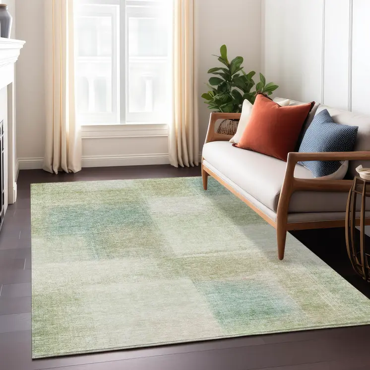 3' X 5' Artichoke Green And Beige Abstract Washable Indoor Outdoor Area Rug