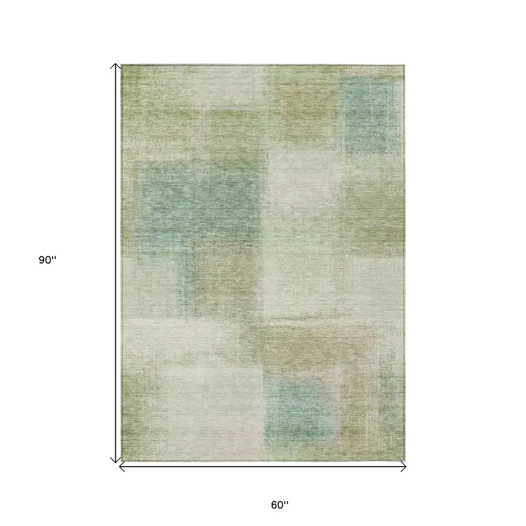 5' X 8' Artichoke Green And Beige Abstract Washable Indoor Outdoor Area Rug