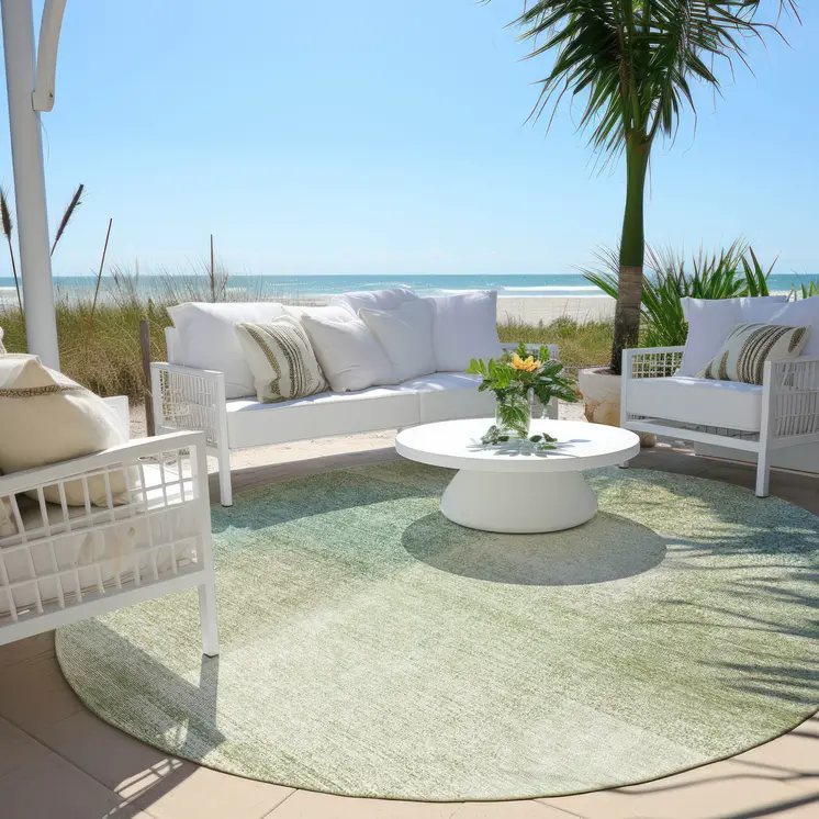 8' Artichoke Green And Beige Round Abstract Washable Indoor Outdoor Area Rug