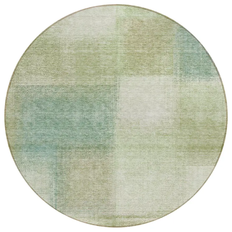 8' Artichoke Green And Beige Round Abstract Washable Indoor Outdoor Area Rug
