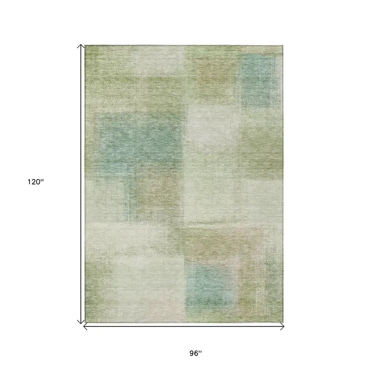 8' X 10' Artichoke Green And Beige Abstract Washable Indoor Outdoor Area Rug