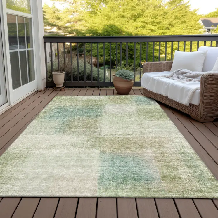 9' X 12' Artichoke Green And Beige Abstract Washable Indoor Outdoor Area Rug