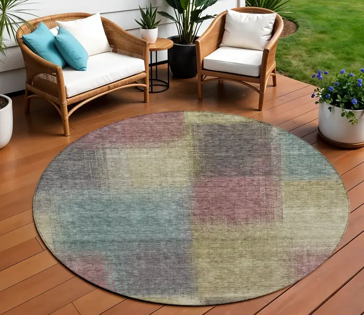 8' Beige Mauve And Brown Round Abstract Washable Indoor Outdoor Area Rug
