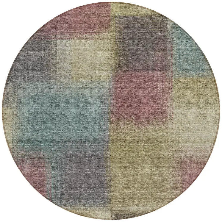 8' Beige Mauve And Brown Round Abstract Washable Indoor Outdoor Area Rug