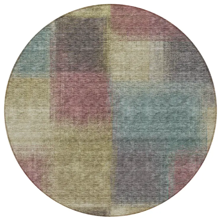 8' Beige Mauve And Brown Round Abstract Washable Indoor Outdoor Area Rug