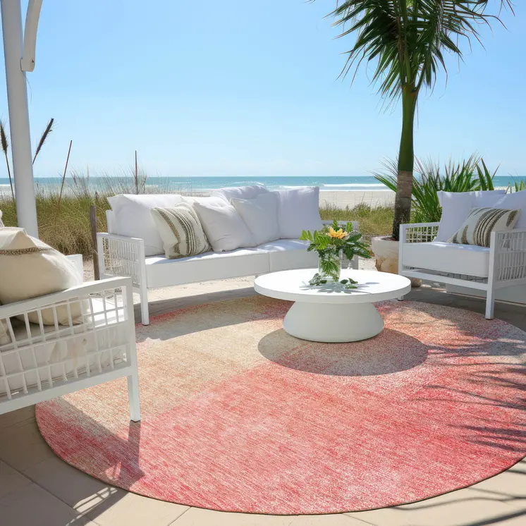 8' Blush Pink And Ivory Round Abstract Washable Indoor Outdoor Area Rug