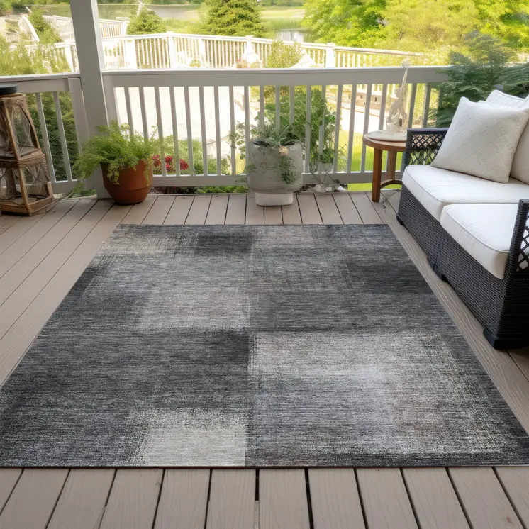 8' X 10' Charcoal Gray And Silver Abstract Washable Indoor Outdoor Area Rug