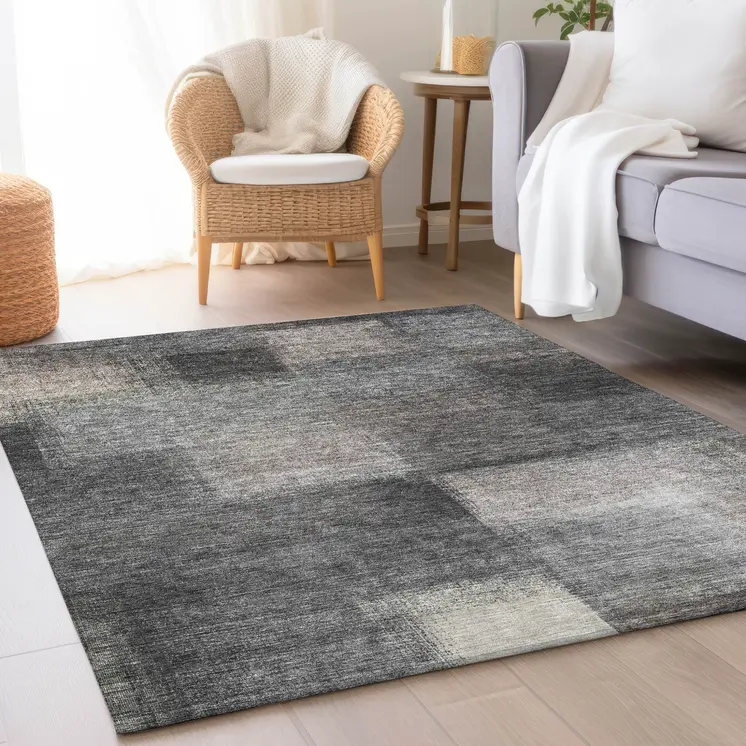 8' X 10' Charcoal Gray And Silver Abstract Washable Indoor Outdoor Area Rug