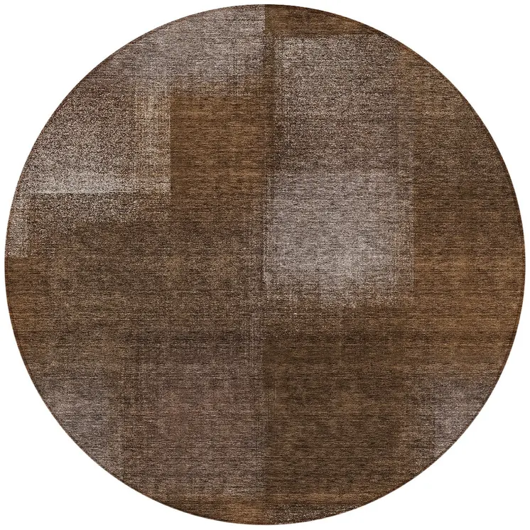 8' Brown And Ivory Round Abstract Washable Indoor Outdoor Area Rug