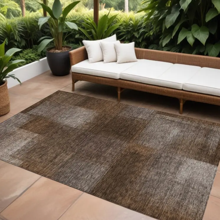 9' X 12' Brown And Ivory Abstract Washable Indoor Outdoor Area Rug
