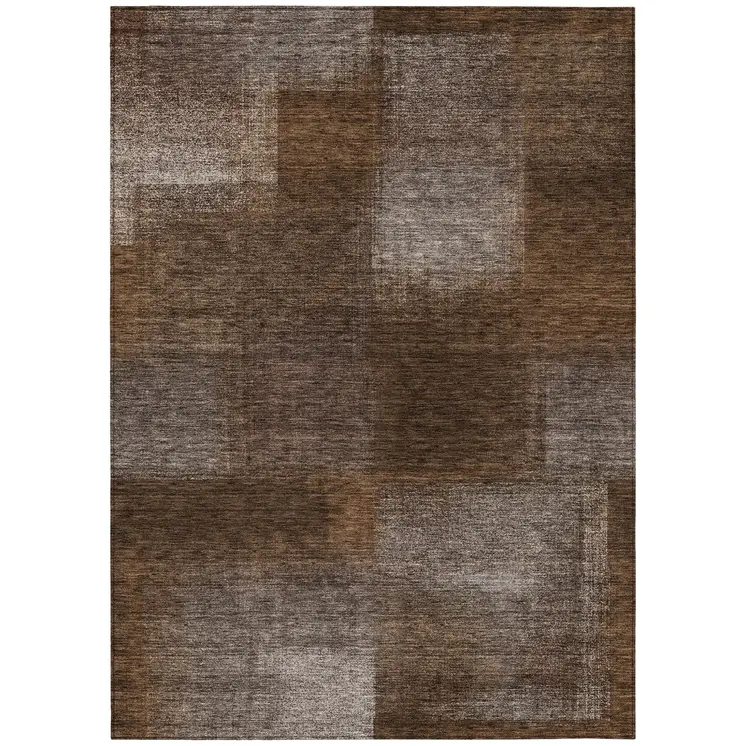 9' X 12' Brown And Ivory Abstract Washable Indoor Outdoor Area Rug