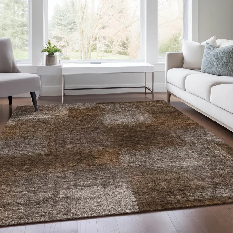 9' X 12' Brown And Ivory Abstract Washable Indoor Outdoor Area Rug