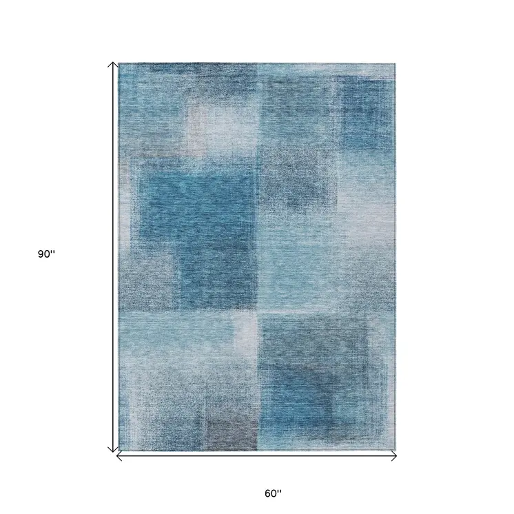 5' X 8' Denim Blue And Navy Blue Abstract Washable Indoor Outdoor Area Rug