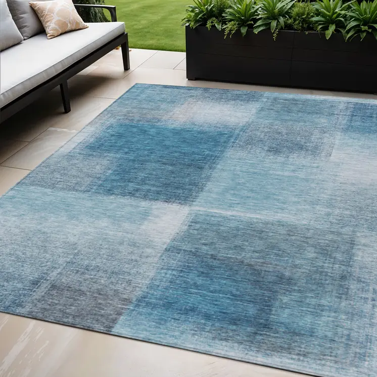 5' X 8' Denim Blue And Navy Blue Abstract Washable Indoor Outdoor Area Rug