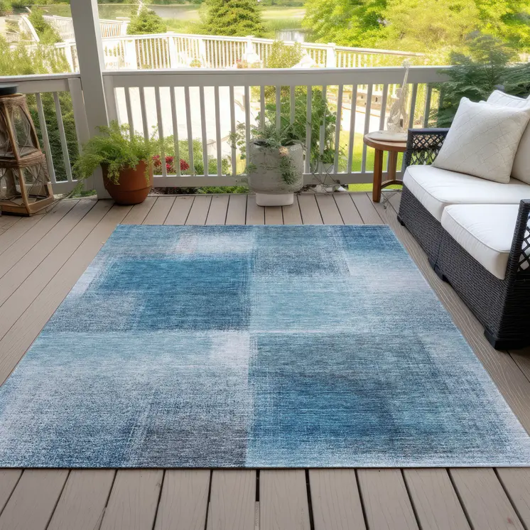 5' X 8' Denim Blue And Navy Blue Abstract Washable Indoor Outdoor Area Rug