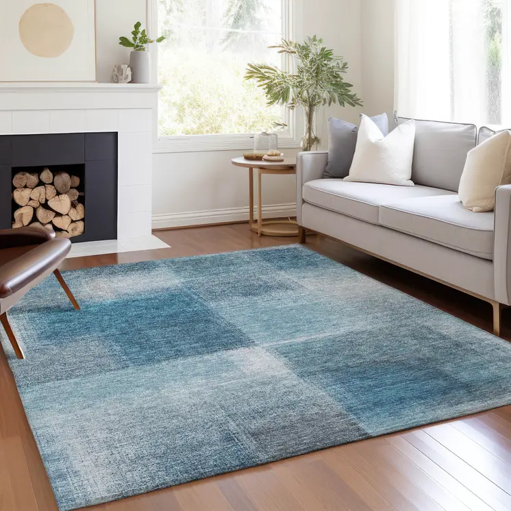 5' X 8' Denim Blue And Navy Blue Abstract Washable Indoor Outdoor Area Rug