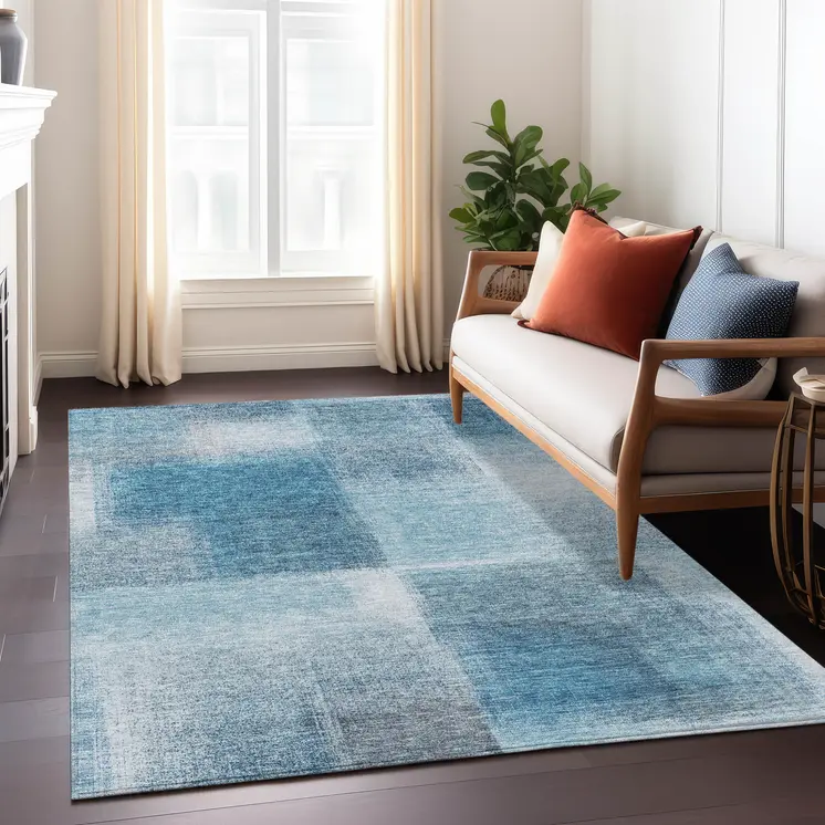5' X 8' Denim Blue And Navy Blue Abstract Washable Indoor Outdoor Area Rug