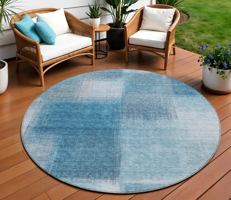 8' Denim Blue And Navy Blue Round Abstract Washable Indoor Outdoor Area Rug