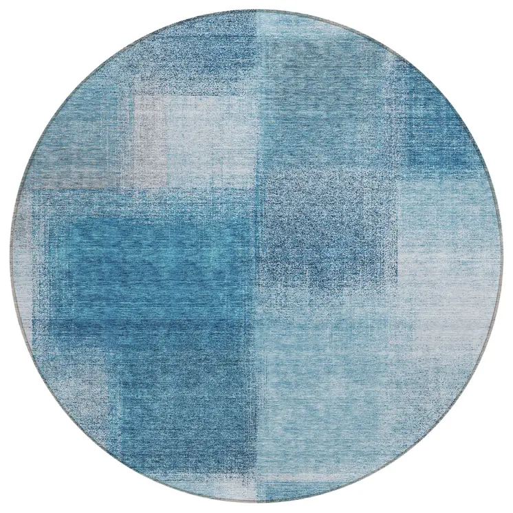 8' Denim Blue And Navy Blue Round Abstract Washable Indoor Outdoor Area Rug